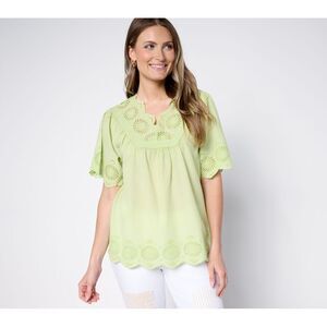 Liberare Women's Top Sz XS 100% Cotton V-Neck Eyelet Green A692521